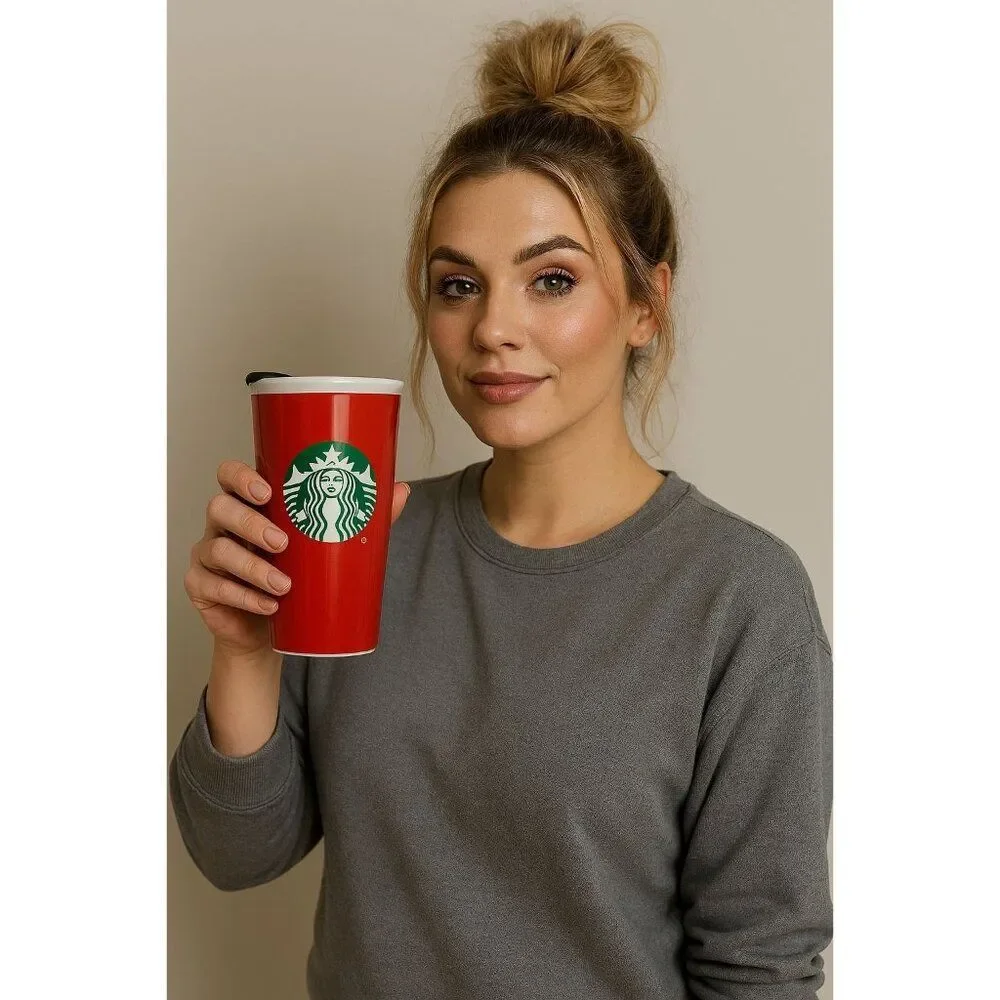2017 Starbucks Travel Mug Cup Tumbler 11oz Ceramic Red Hot Cold Coffee Tea Cocoa